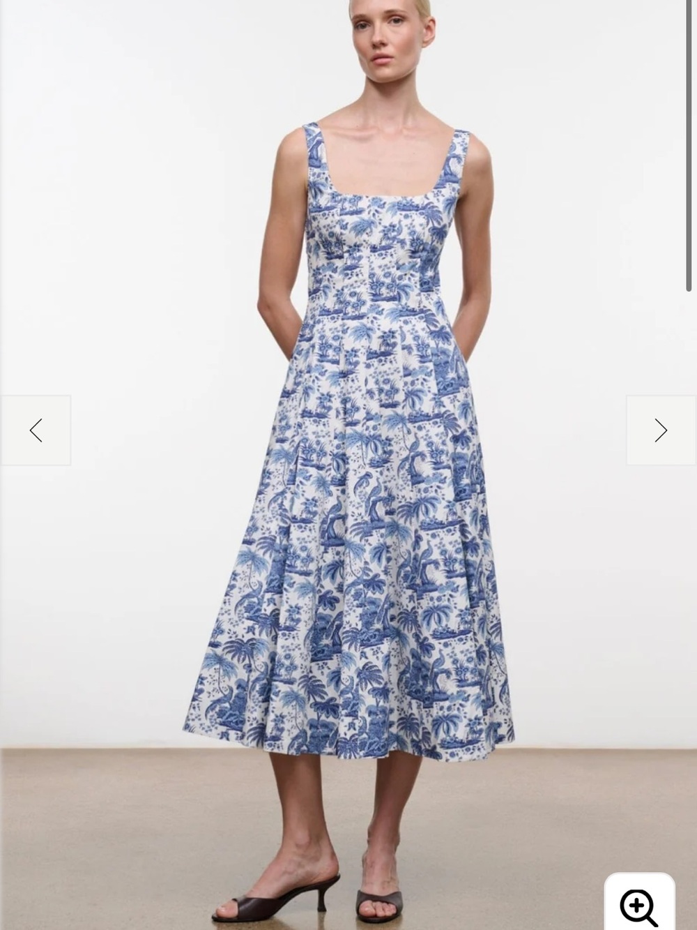 STAUD Blue & White Toile-Print Midi Wells Sleeveless Dress